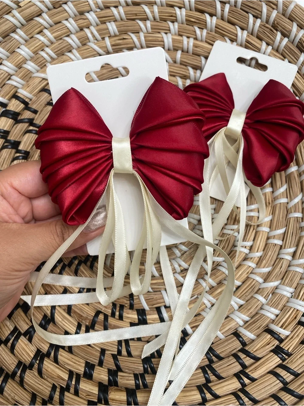 Kids Deep Red Satin Bow Hair Clips with Cream Streamers